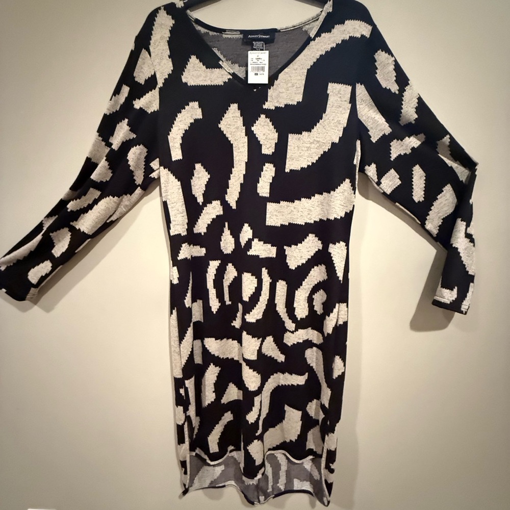 Ashley Stewart Black and Cream Sheath Dress with 3/4 Dolman Sleeves